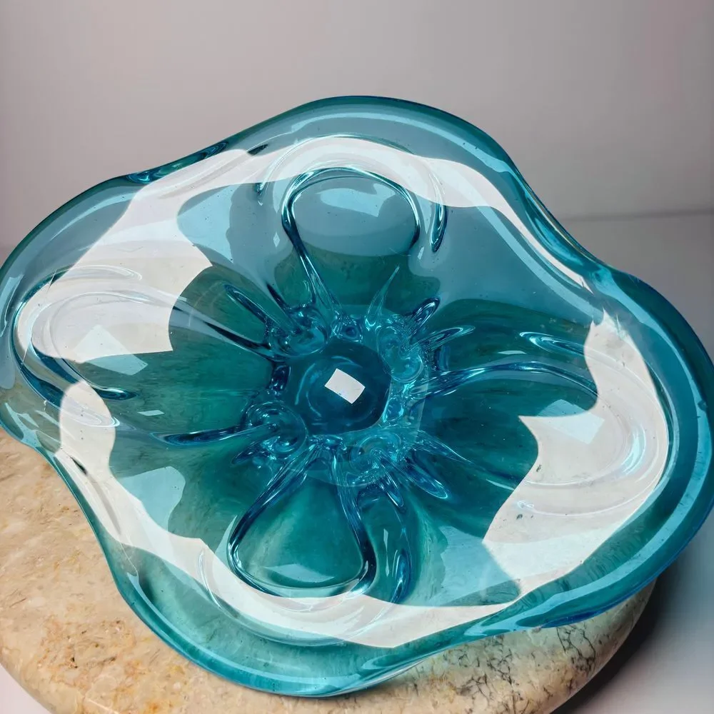 Vintage Murano Sommerso Blue Glass‎ Abstract Decorative Bowl MCM 60s 70s